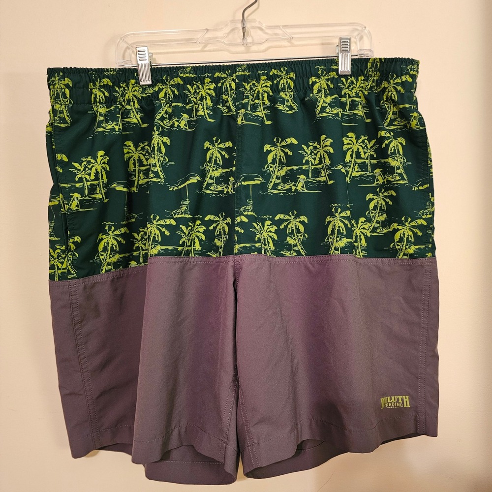 Duluth Trading Co Mens 2XL Swim Trunks Palm Tree Tropical Print Grey Green Board